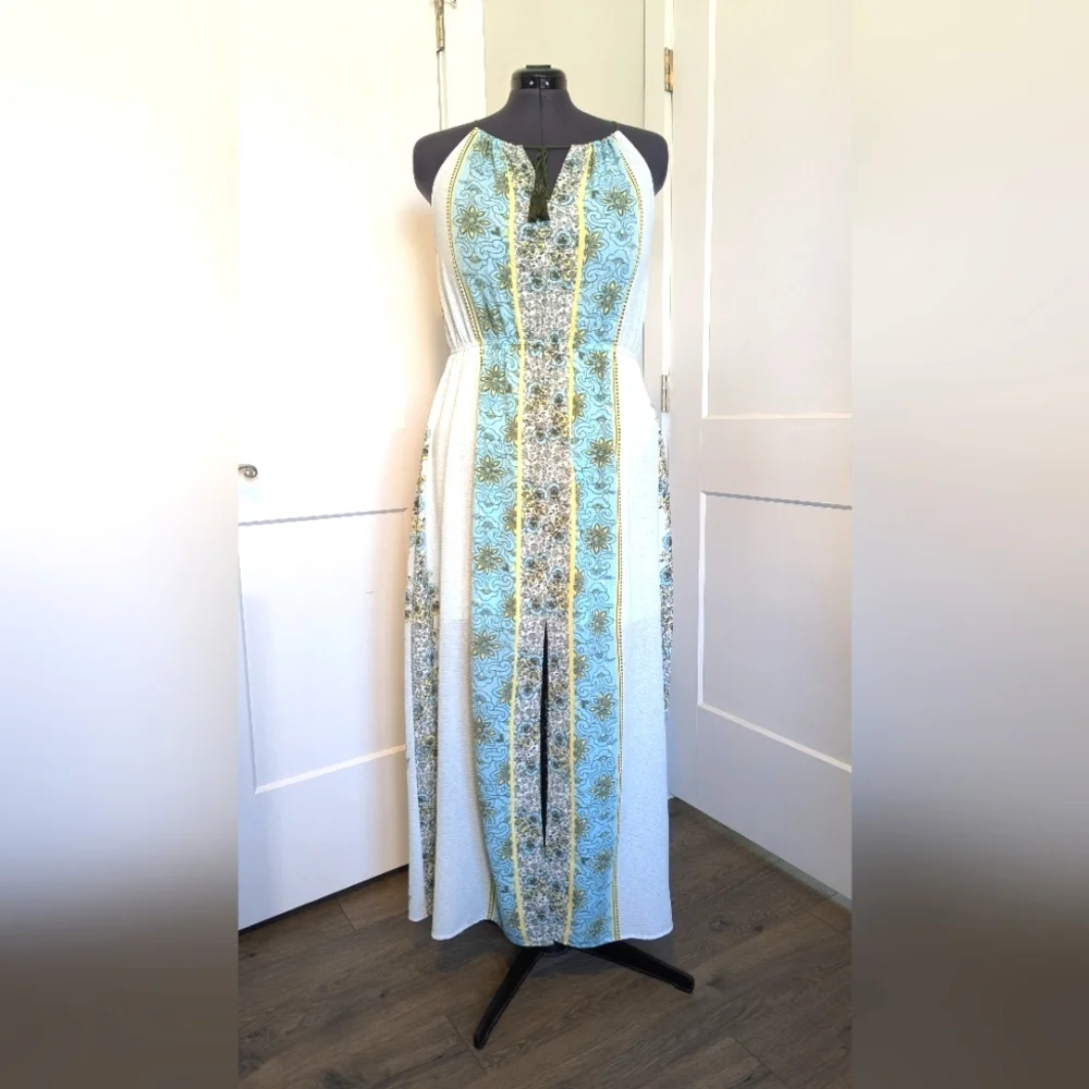 Mi Ami Womens Maxi Dress Plus Size XL Halter Neckline Floral Turquoise Yellow - Picture 1 of 8